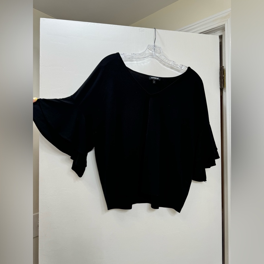 Express Black V-Neck Ruffle Sleeve Top - Picture 2 of 3